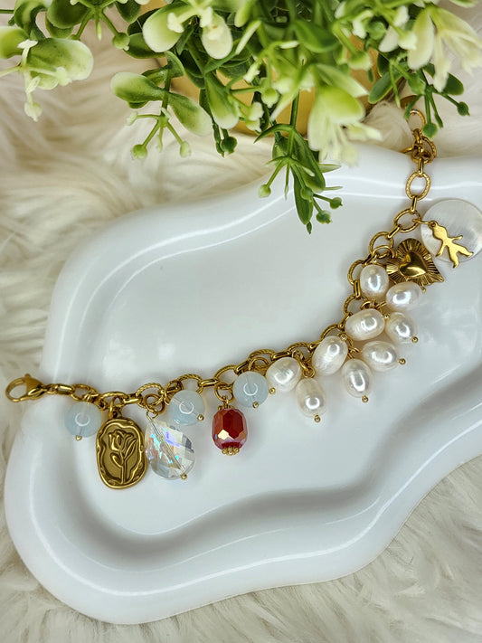 Pulsera para Mamá con Significado – Perlas y Charms de Amor (Acero Inoxidable)